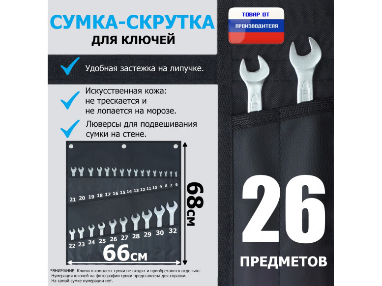 Сумка-скрутка для рожковых (накидных, гаечных, комбинированных) ключей 6-32 мм (26 предметов). Искусственная кожа.