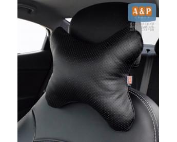 Подушка-косточка автомобильная под шею. Большая. Экокожа. Цвет: черный.